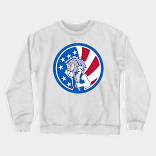 American Builder Carrying House With Spirit Level and USA Flag Circle Icon Crewneck Sweatshirt